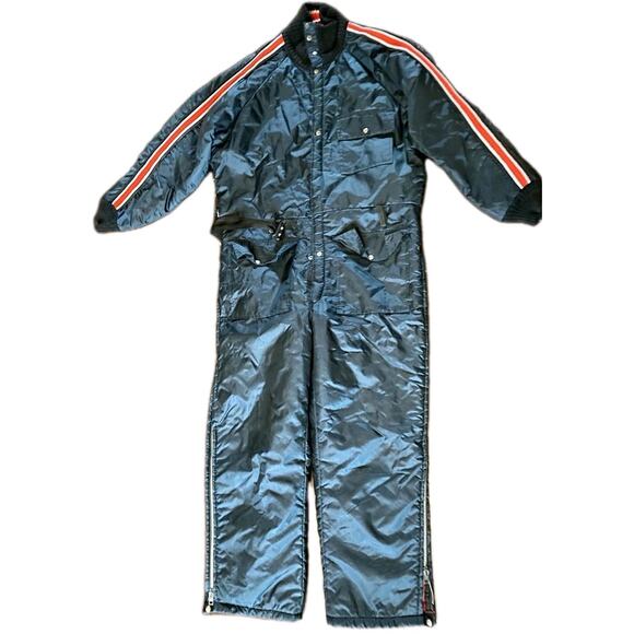 Vtg Davco Snowmobile Ski Suit Mens L Belted Insulated 80s Navy Red Coveralls - Picture 3 of 16